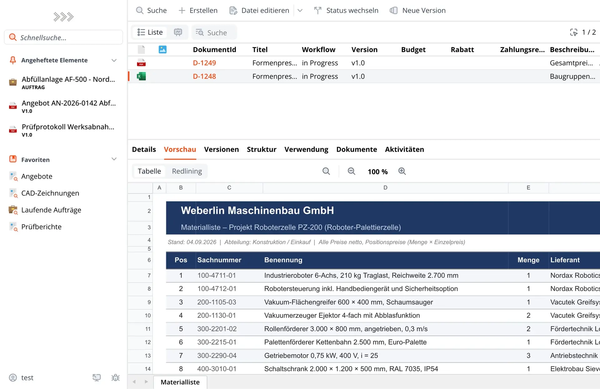 Kurze Aufnahme: die Materialliste als Excel-Datei im Browser, danach eine Markierung im PDF-Angebot. Dargestellt mit Beispieldaten.