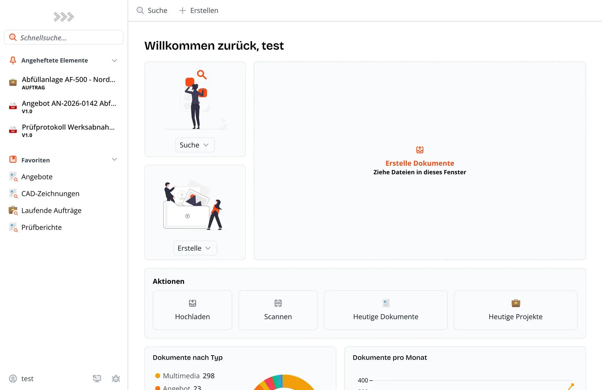 Kurze Aufnahme: vom Startbildschirm über eine gespeicherte Suche zu den Prüfberichten, deren Status direkt aus der Liste geändert wird. Dargestellt mit Beispieldaten.